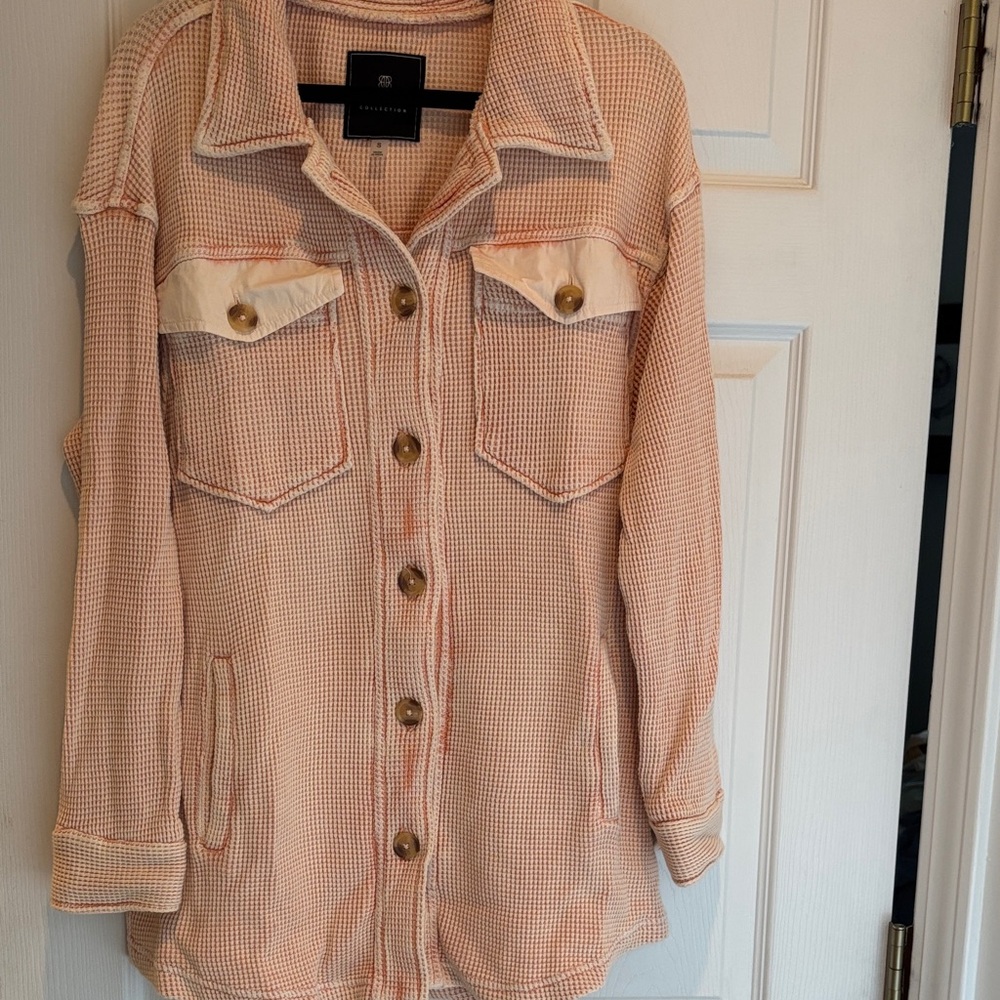 Bagatelle Peach Waffle Knit Shacket with Contrast Pockets